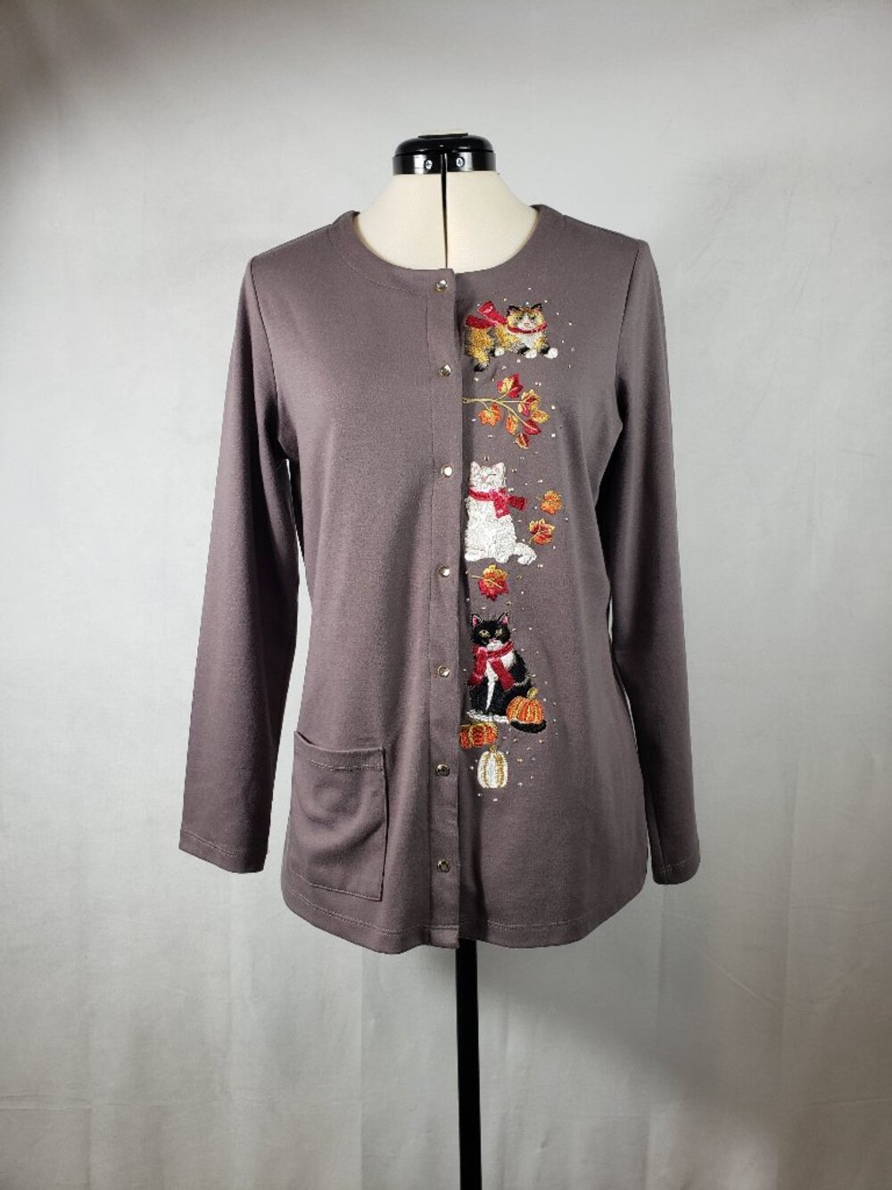 Quacker Factory Gray Peek a Boo Snap Front Cats Cardigan Autumn Cozy Size Small